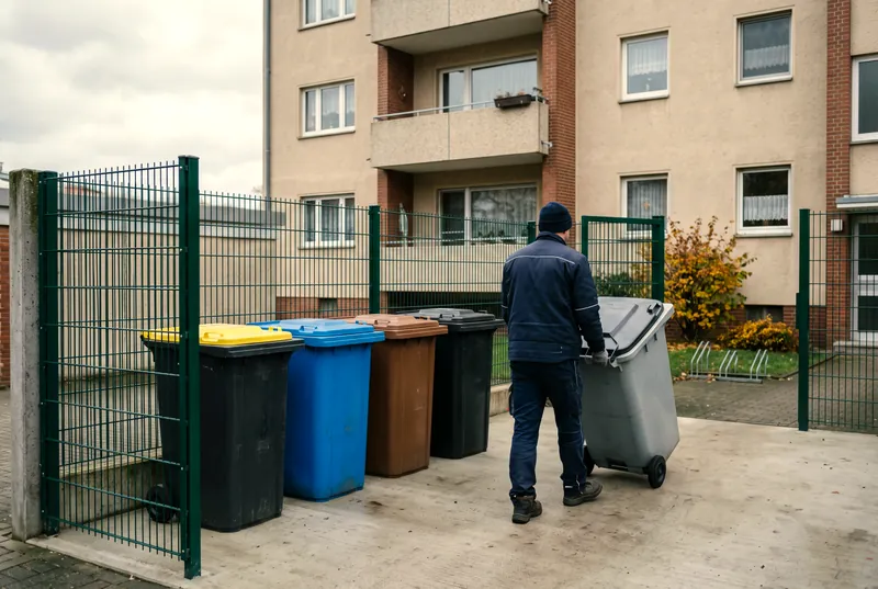 Aufgeräumter Müllplatz mit Tonnen in verschiedenen Deckelfarben hinter einem Wohnblock