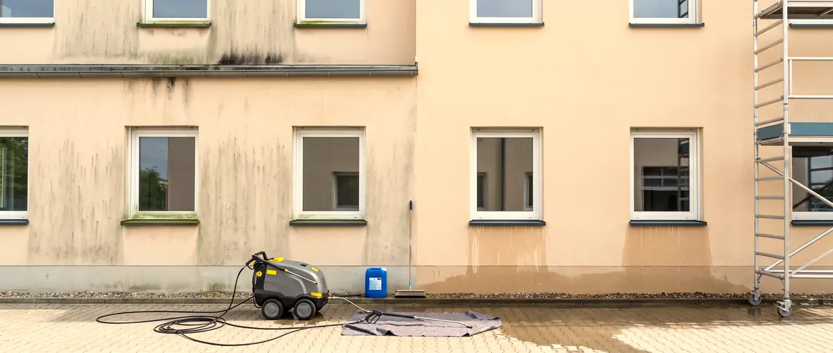 Putzfassade eines Gewerbebaus, links mit Algen und Schmutzstreifen, rechts frisch gereinigt, davor Heißwasser-Hochdruckreiniger