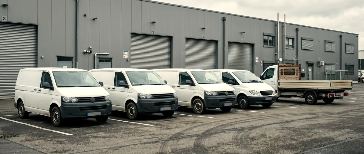 Weiße Transporter nebeneinander vor einer Gewerbehalle