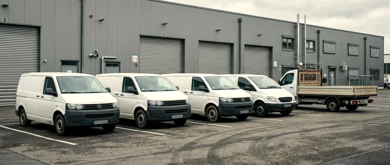 Weiße Transporter nebeneinander vor einer Gewerbehalle