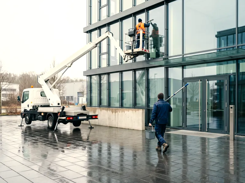 Fahrzeug mit Hubarbeitskorb vor einem Glasgebäude, ein Mitarbeiter im Korb, einer mit Eimer und Teleskopstange