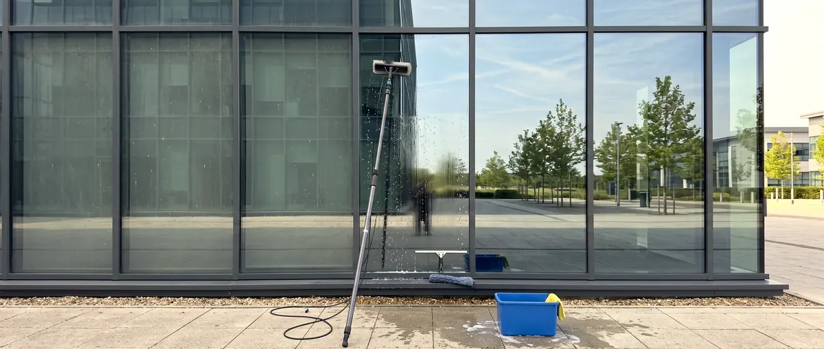 Glasfassade eines Bürogebäudes, links noch staubig, rechts frisch gereinigt, davor Teleskopstange, Abzieher und Eimer