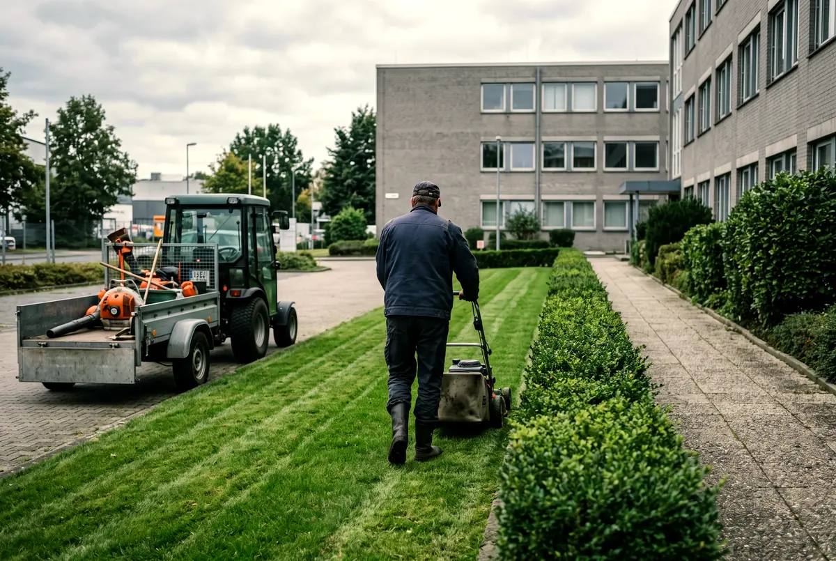 Rasenmähen vor einem Bürogebäude mit geschnittener Hecke und Kleintraktor