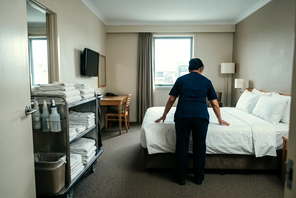 Hotelzimmer wird aufgeräumt, Housekeeping-Wagen mit Handtüchern in der Tür