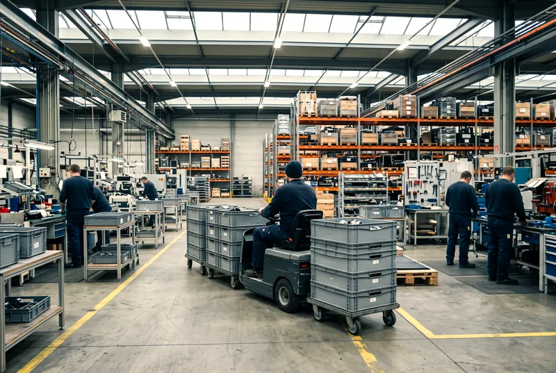 Elektrischer Routenzug mit Kisten auf einer markierten Fahrspur in einer Produktionshalle