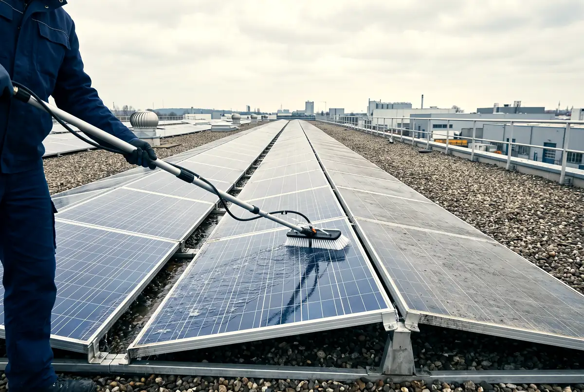 Reinigung von Solarmodulen auf einem Flachdach mit rotierender Bürste