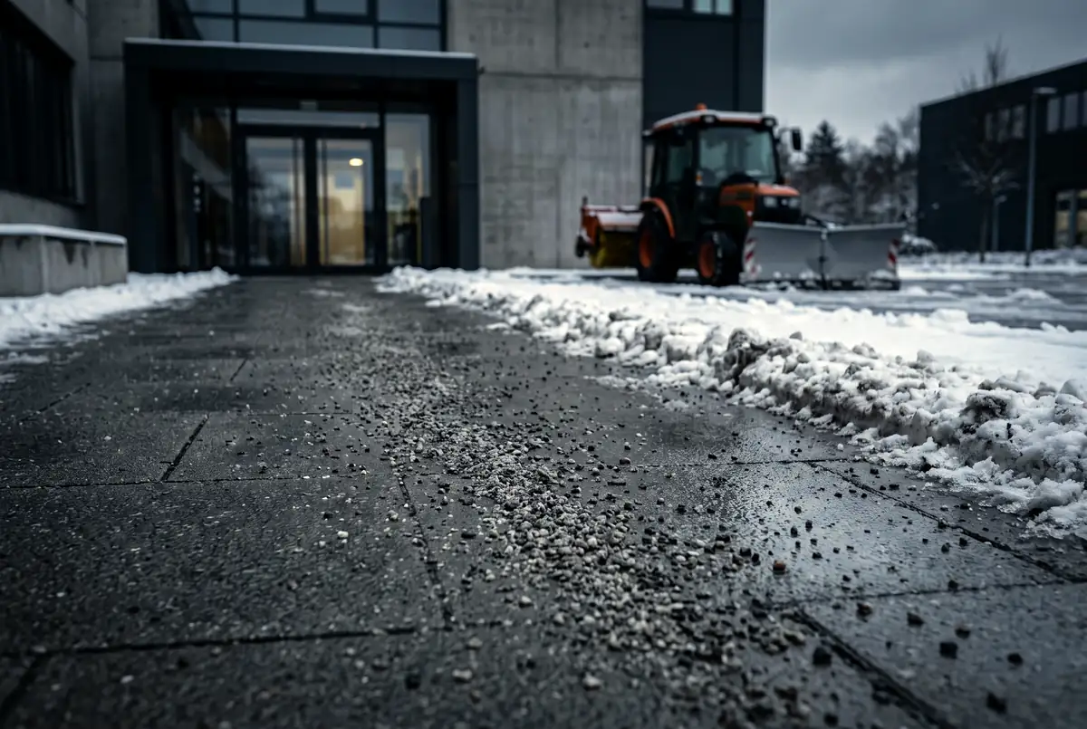 Geräumter und gestreuter Gehweg vor einem Gebäudeeingang im Winter