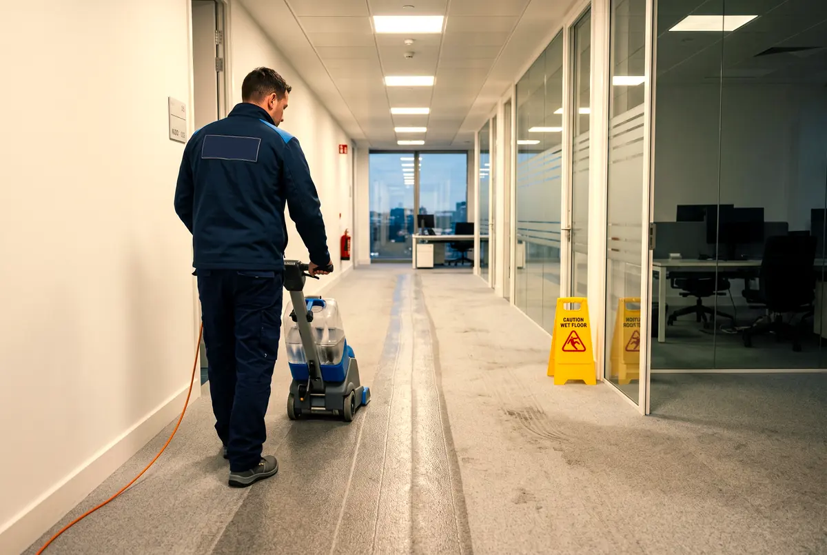 Reinigungskraft schiebt ein Sprühextraktionsgerät über den Teppich eines Bürogangs, dahinter frisch gereinigte Bahnen